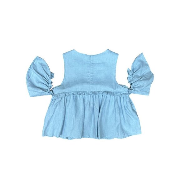 J.O.A. Los Angeles Layered Ruffle Cold Shoulder Top Chambray 100% Linen Size S - Picture 5 of 8